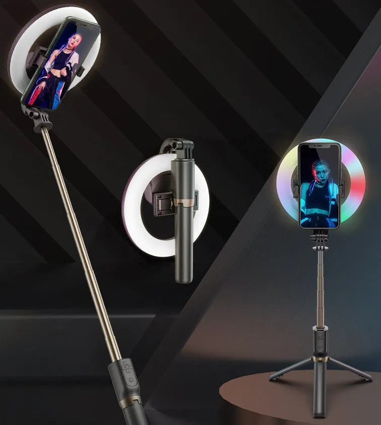 XYXD MJ07PRO black fill light with neon colours and phone clamp on desktop