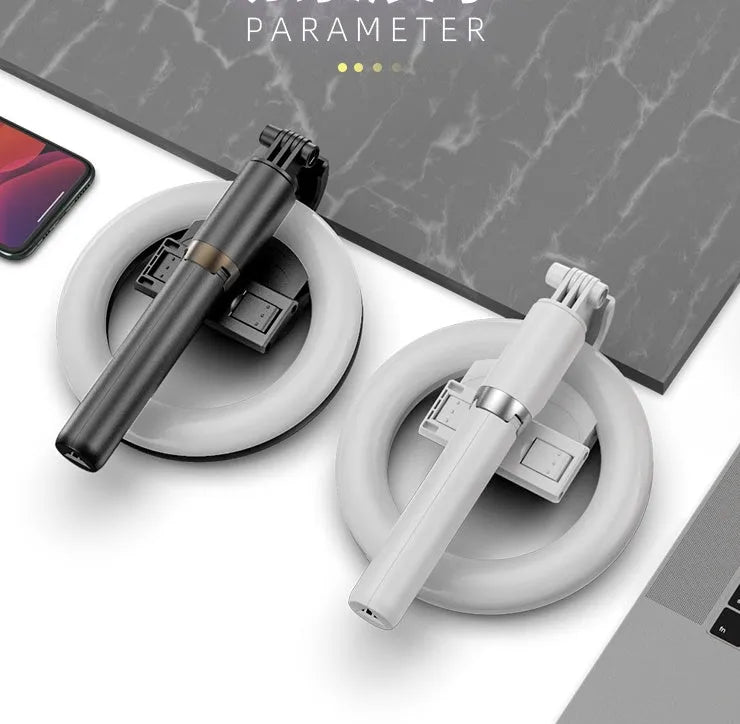 XYXD MJ07PRO black fill light with neon colours and phone clamp on desktop