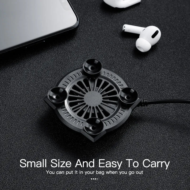 Black USB mobile phone cooling fan with suction cup mount for gaming temperature management