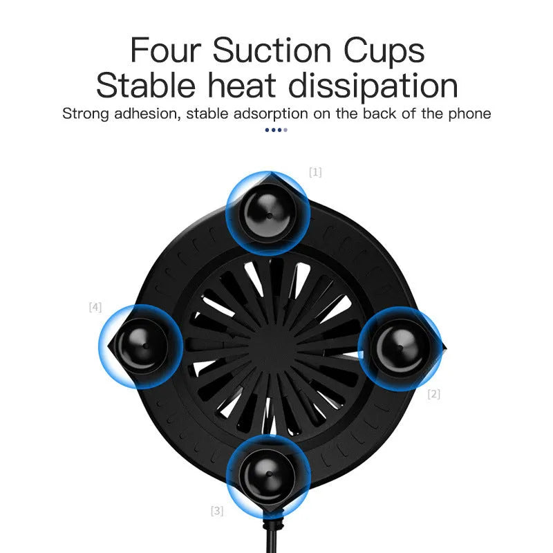 Black USB mobile phone cooling fan with suction cup mount for gaming temperature management