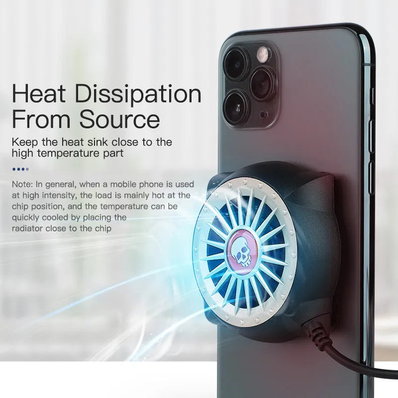 Black USB mobile phone cooling fan with suction cup mount for gaming temperature management