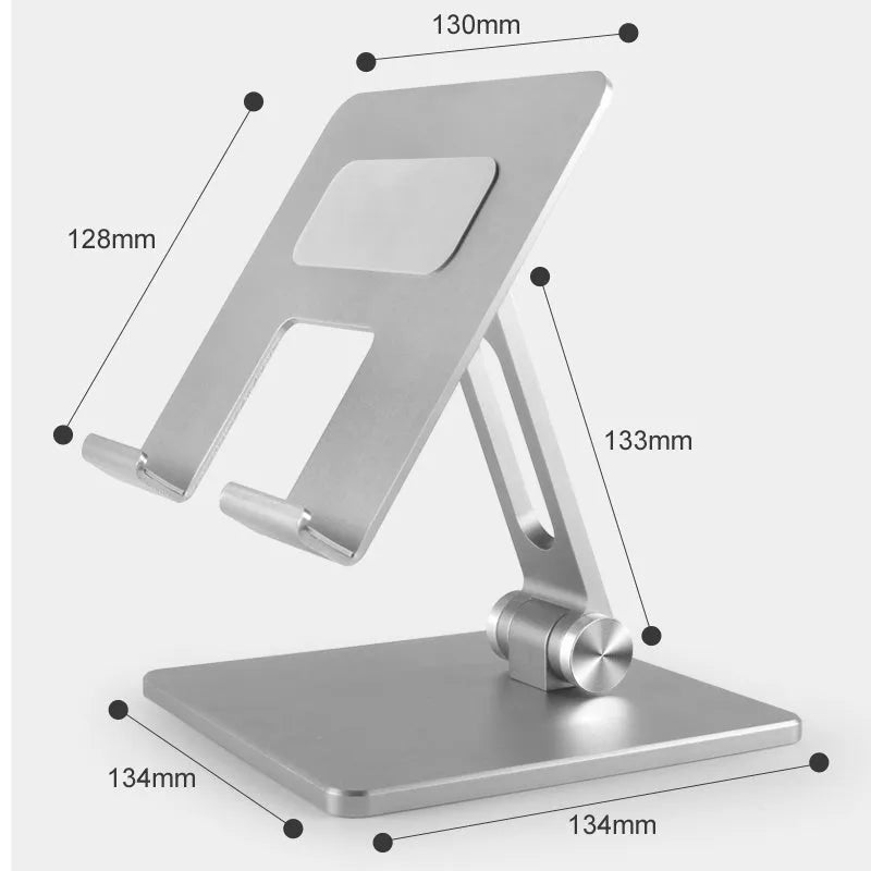Tablet PC stand MT134 in silver, aluminium alloy and silicone, 180 degree adjustable folding phone holder