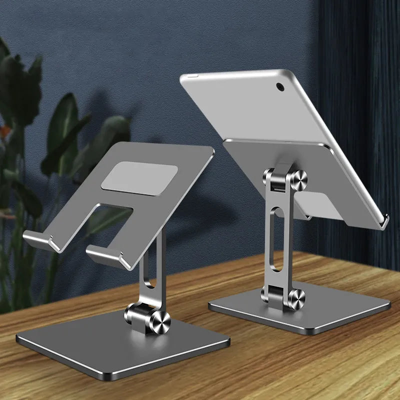Tablet PC stand MT134 in silver, aluminium alloy and silicone, 180 degree adjustable folding phone holder