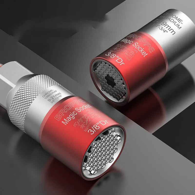 Red multi-function socket adaptor set with 7-19mm and 9-21mm universal sleeves for electric screwdrivers
