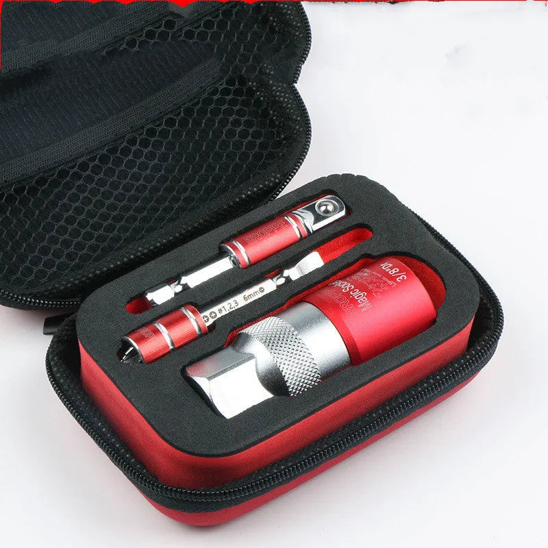 Red multi-function socket adaptor set with 7-19mm and 9-21mm universal sleeves for electric screwdrivers