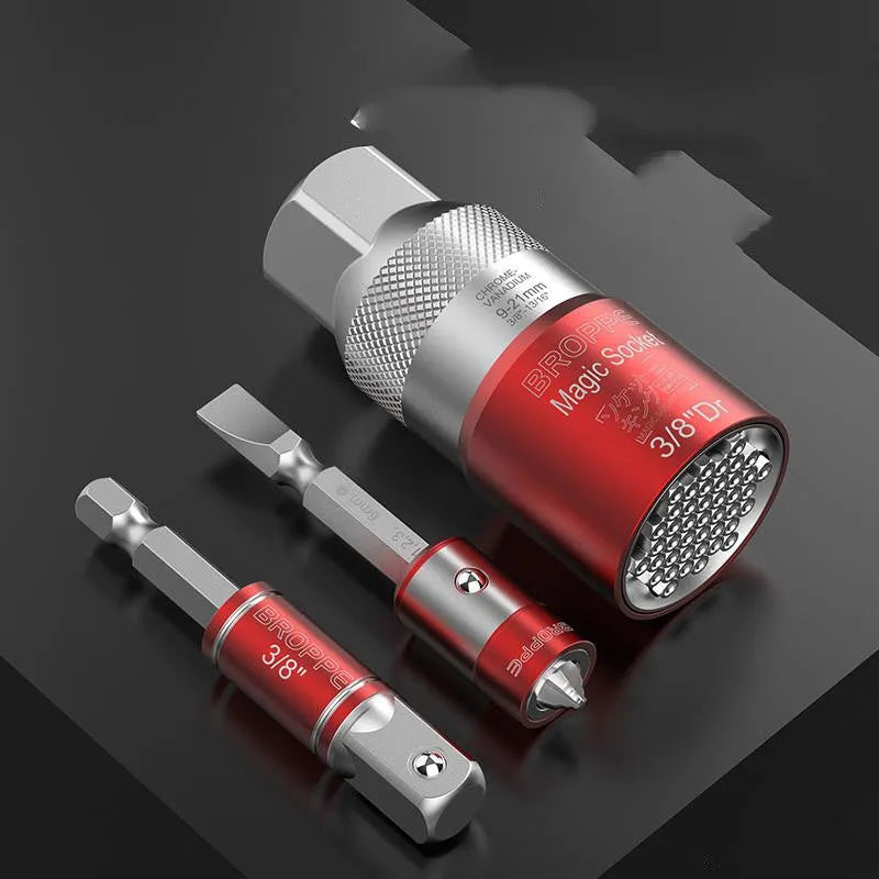Red multi-function socket adaptor set with 7-19mm and 9-21mm universal sleeves for electric screwdrivers