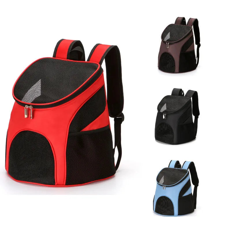 Pet backpack carrier in red, black, brown, or blue with 15L to 22L capacity for cats and small dogs up to 15kg