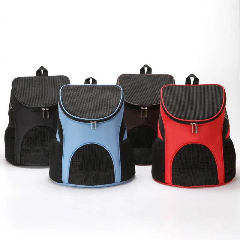 Pet backpack carrier in red, black, brown, or blue with 15L to 22L capacity for cats and small dogs up to 15kg