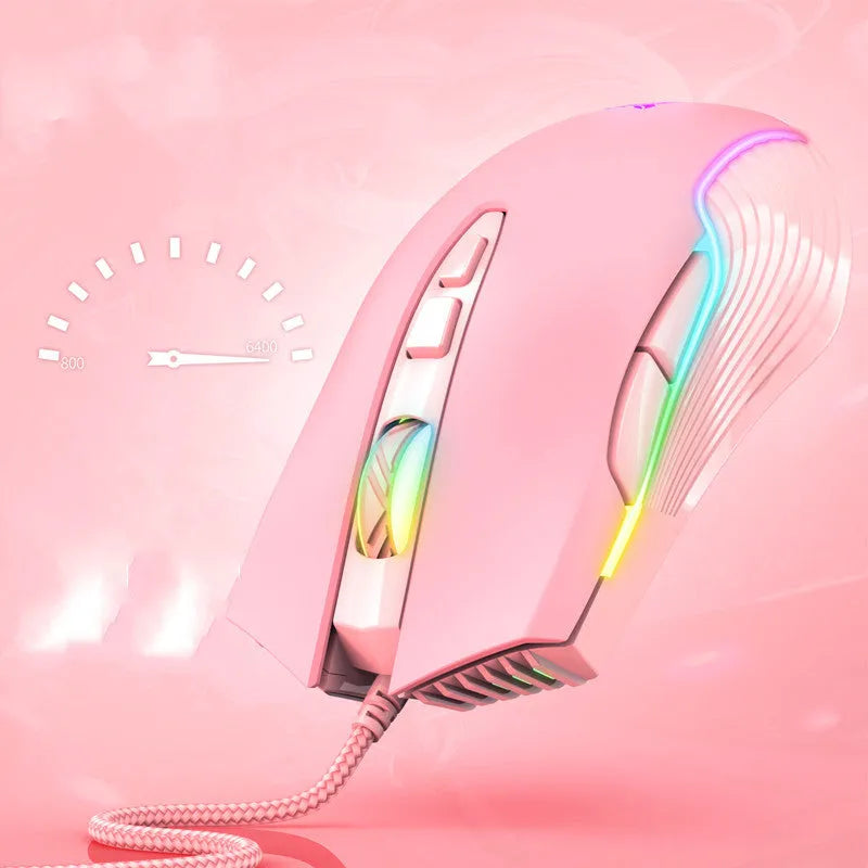 Wired gaming mouse with USB, 6400DPI optical sensor, RGB breathing light, black pink or white