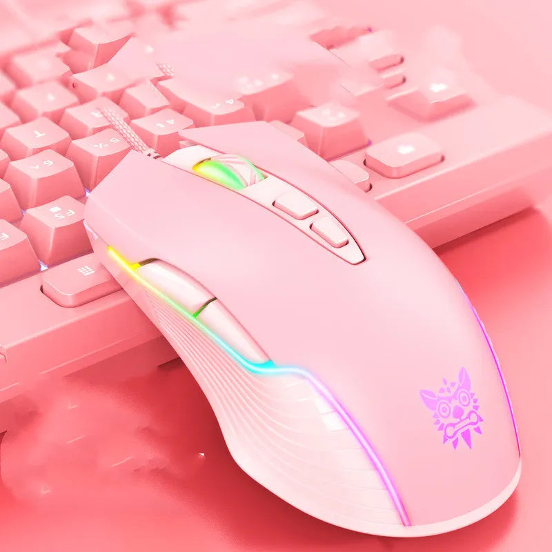 Wired gaming mouse with USB, 6400DPI optical sensor, RGB breathing light, black pink or white