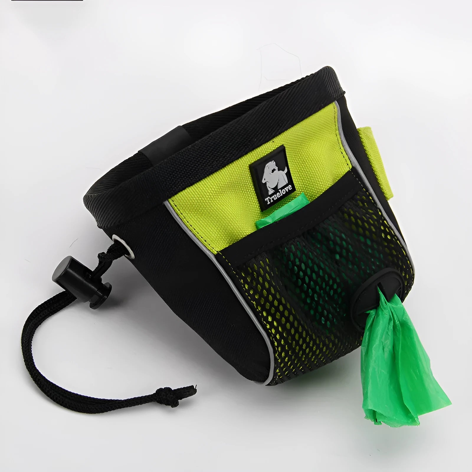 Green dog training waist bag with removable waste pouch, shown on a person's hip.