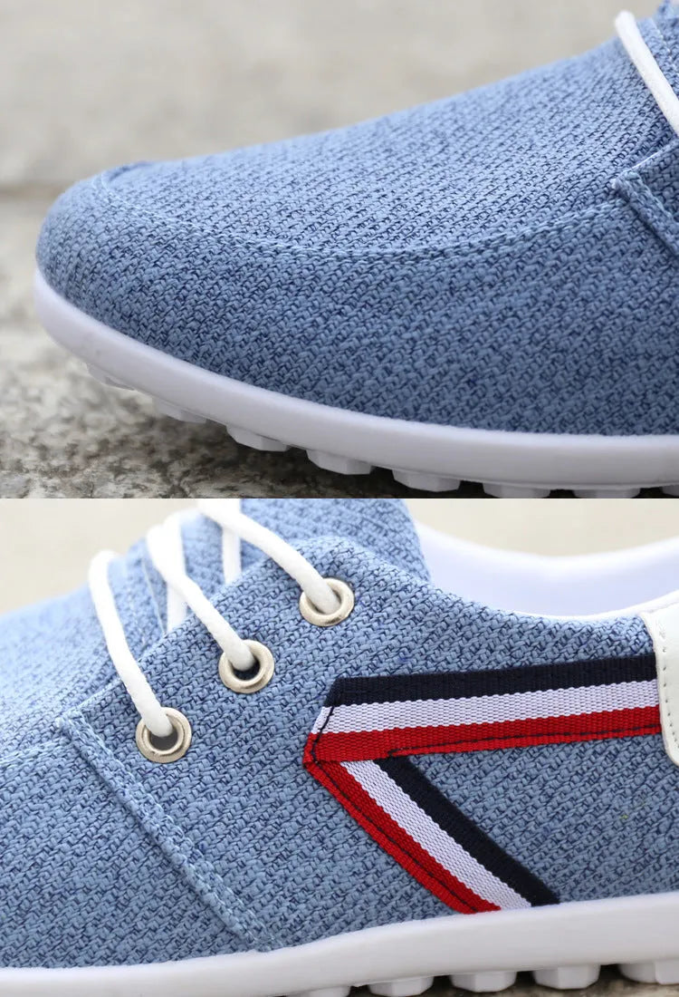 Men's soft-soled canvas shoes in blue, Old Beijing style, with colour stitching and round toe design