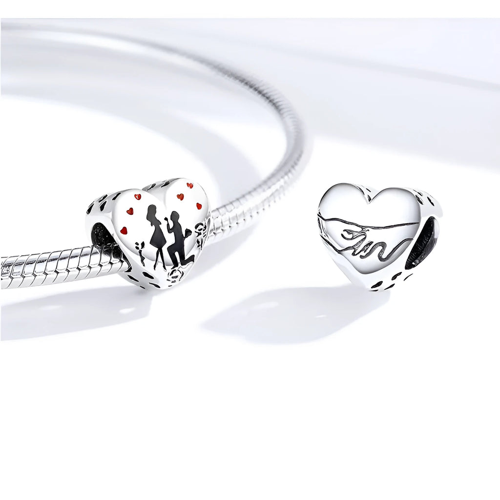 Genuine 925 sterling silver romantic couple pendant bead, 1cm height, silver colour, electroplated finish