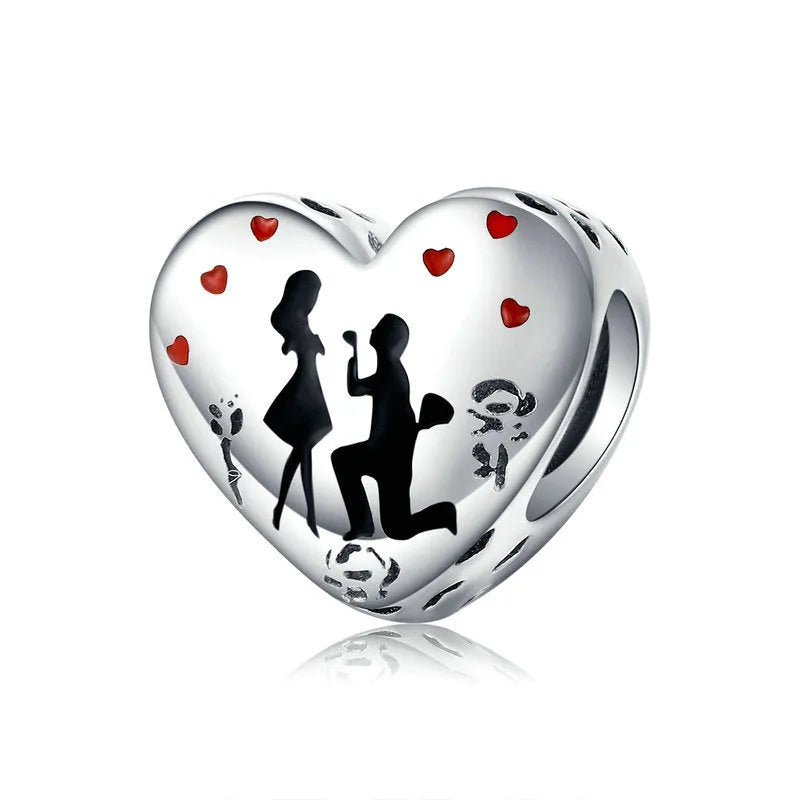 Genuine 925 sterling silver romantic couple pendant bead, 1cm height, silver colour, electroplated finish
