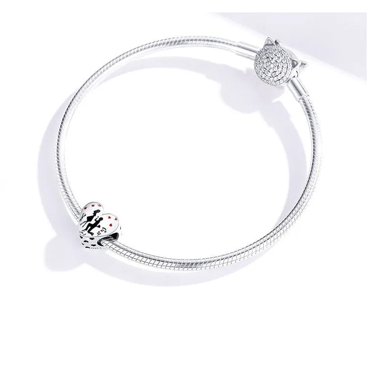 Genuine 925 sterling silver romantic couple pendant bead, 1cm height, silver colour, electroplated finish