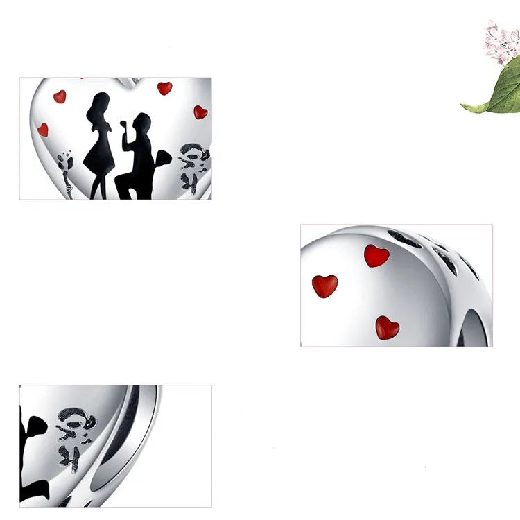 Genuine 925 sterling silver romantic couple pendant bead, 1cm height, silver colour, electroplated finish