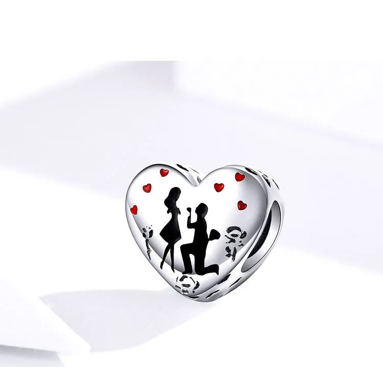 Genuine 925 sterling silver romantic couple pendant bead, 1cm height, silver colour, electroplated finish
