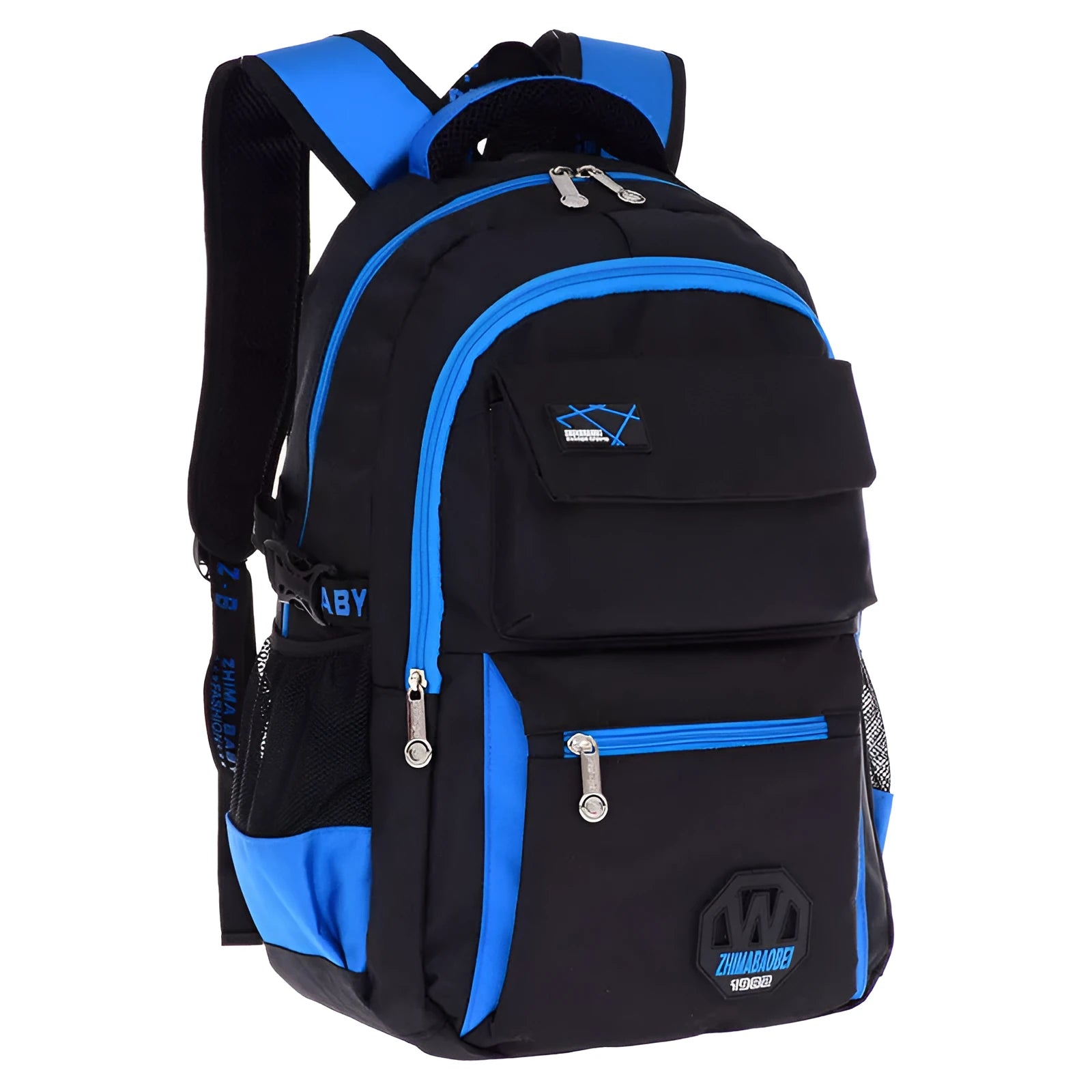 Green waterproof nylon school backpack for students with side pockets and mesh compartment.