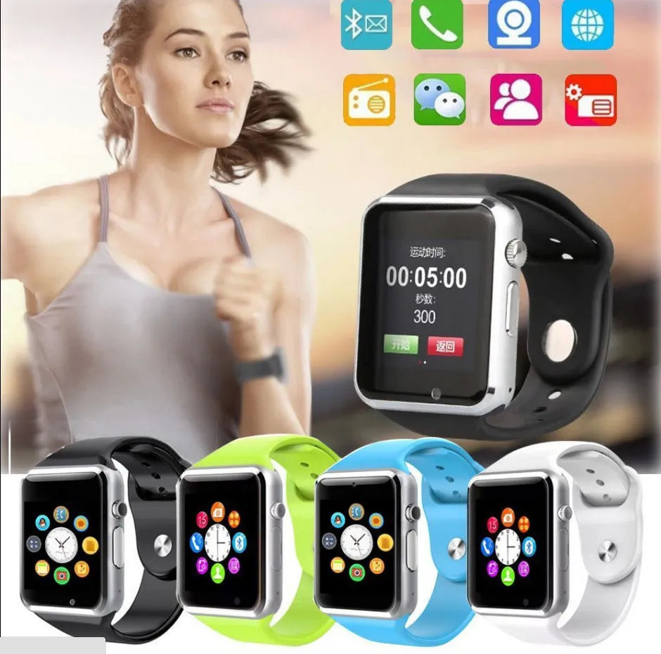 A1 Smart Watch with 1.54-inch screen on wrist, showing Android interface, available in multiple colours.