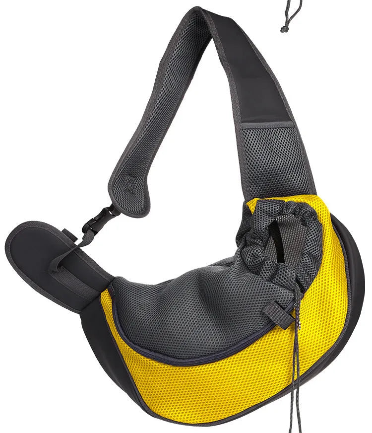 Breathable mesh pet shoulder bag for small dogs and cats, available in multiple colours and two sizes.