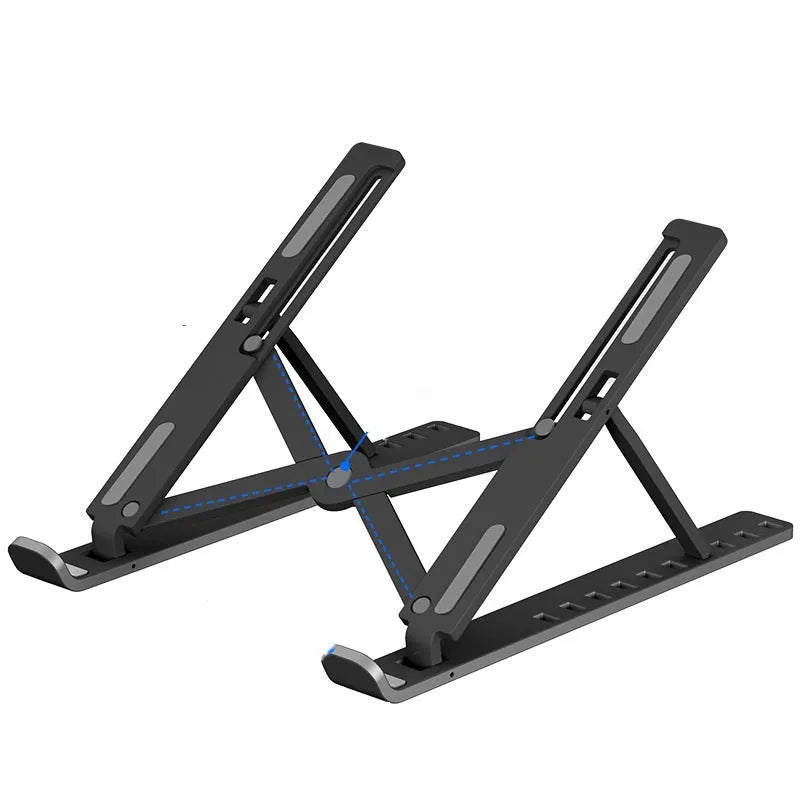 Aluminium alloy folding laptop stand with adjustable height and non-slip pads holding a laptop