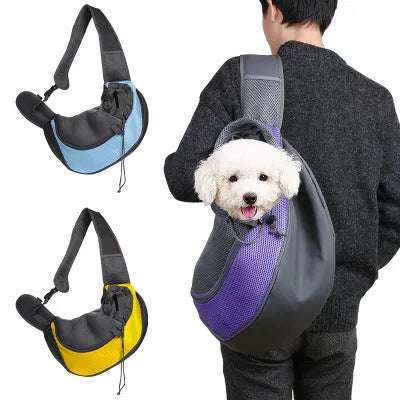 Breathable mesh pet shoulder bag for small dogs and cats, available in multiple colours and two sizes.