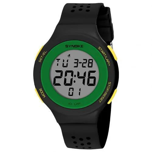 Thin black electronic sports watch with digital display showing time, worn on wrist.