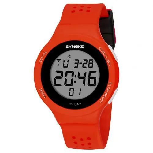 Thin black electronic sports watch with digital display showing time, worn on wrist.