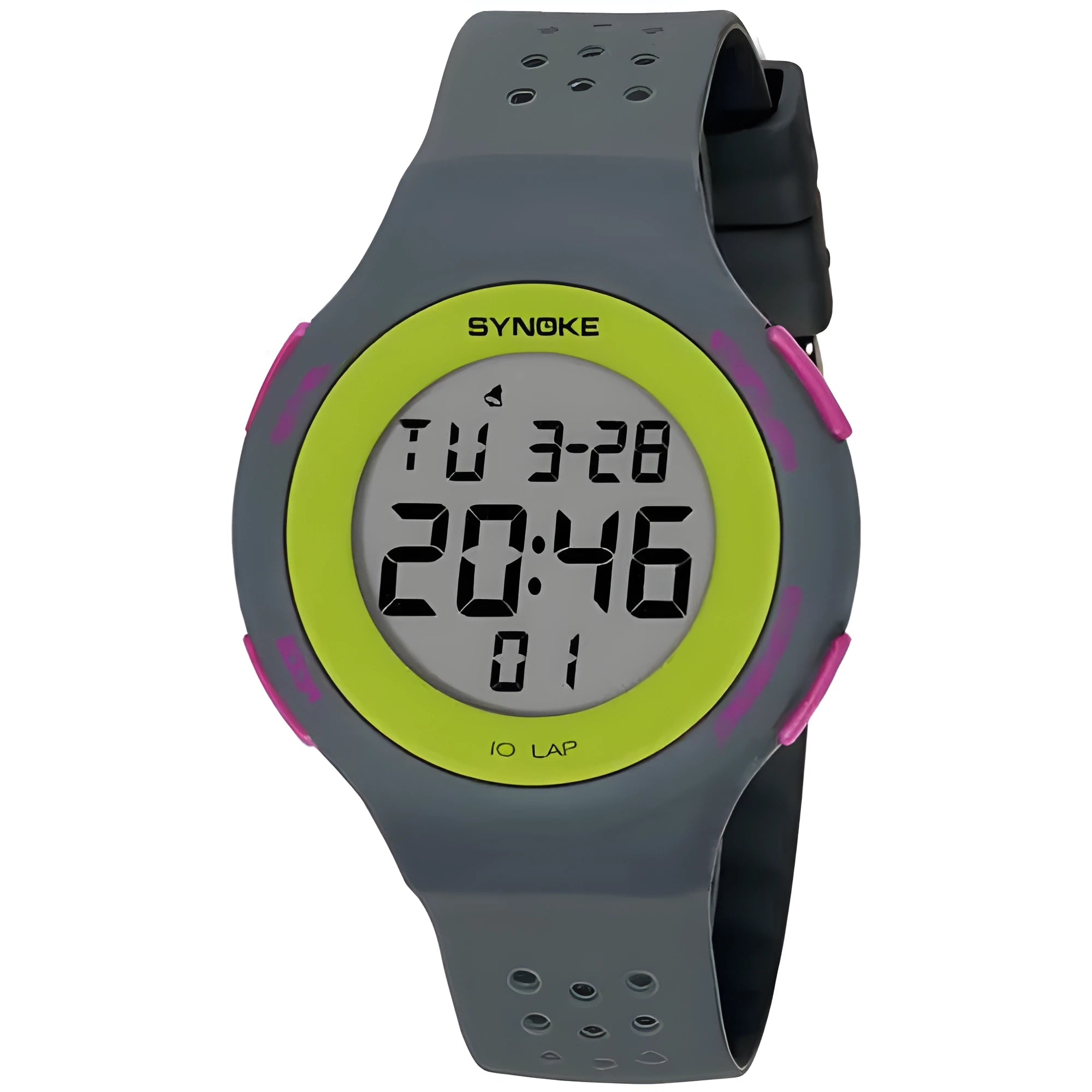 Thin black electronic sports watch with digital display showing time, worn on wrist.