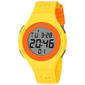 Thin black electronic sports watch with digital display showing time, worn on wrist.