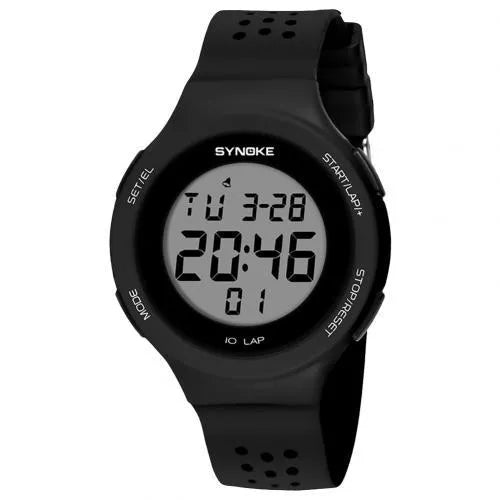 Thin black electronic sports watch with digital display showing time, worn on wrist.
