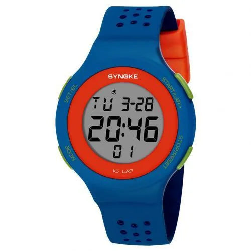 Thin black electronic sports watch with digital display showing time, worn on wrist.