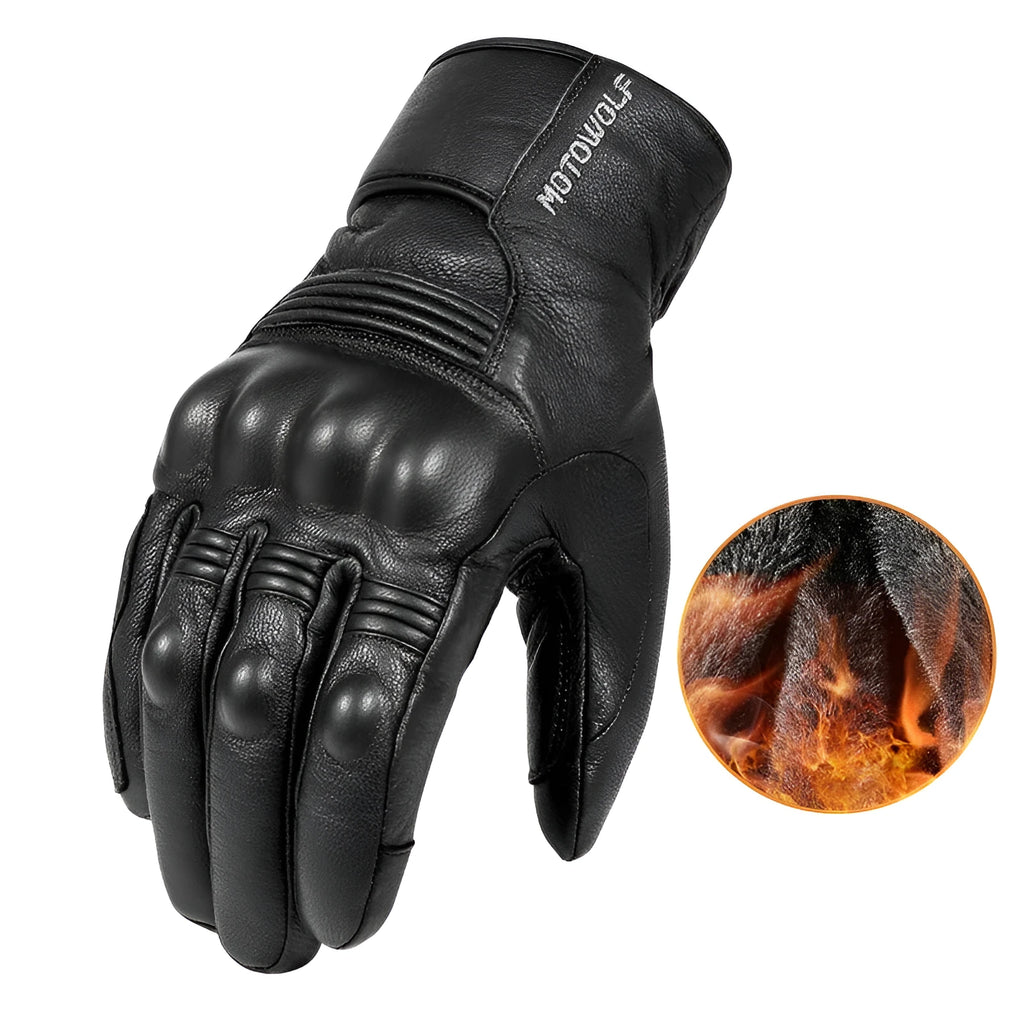 MOTOWOLF men's winter motorcycle gloves in black sheepskin with TPU protective shell and polyester lining