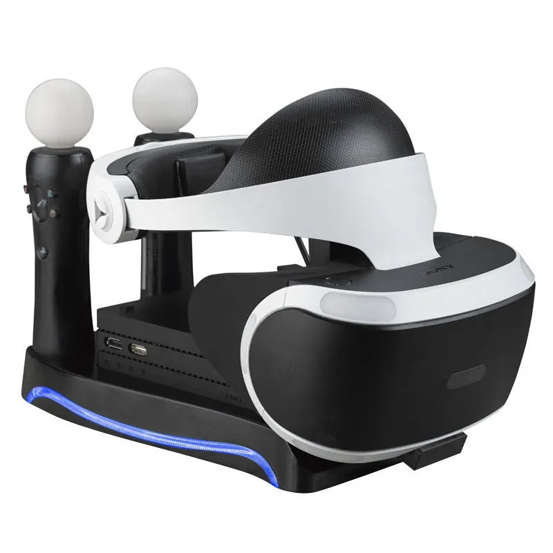 Black PS4 VR controller charging base dock station on a surface.