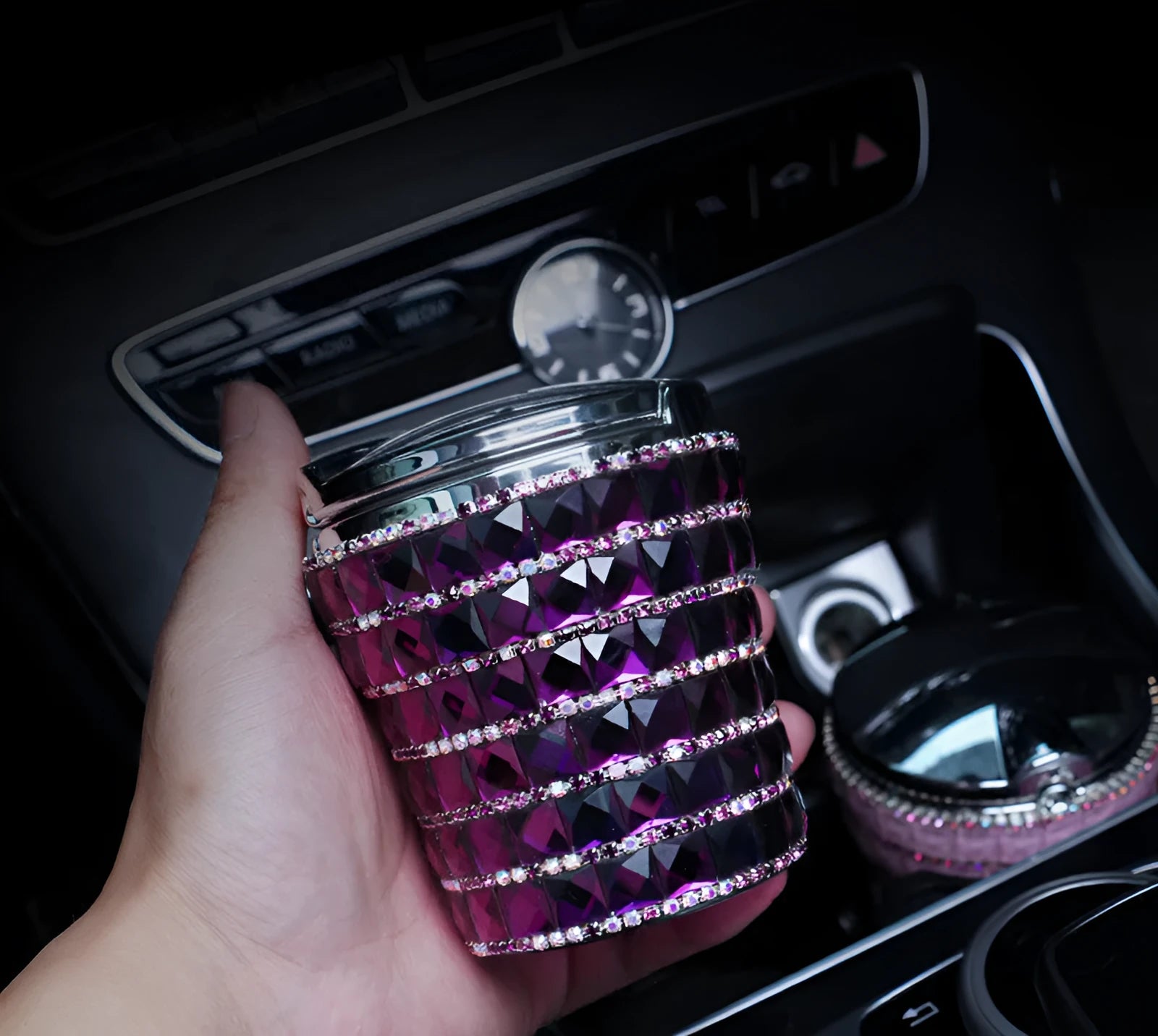 Plastic LED diamond-studded car ashtray available in multiple colours for automotive use