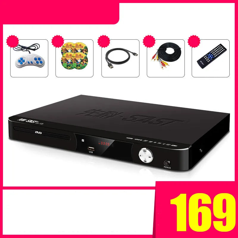 SAST Xianke SA208 tray-loading DVD player in multiple colours with USB and HDMI ports.