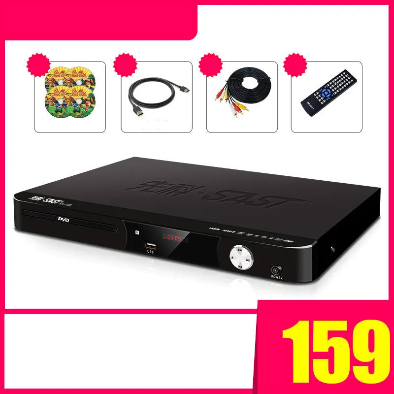 SAST Xianke SA208 tray-loading DVD player in multiple colours with USB and HDMI ports.