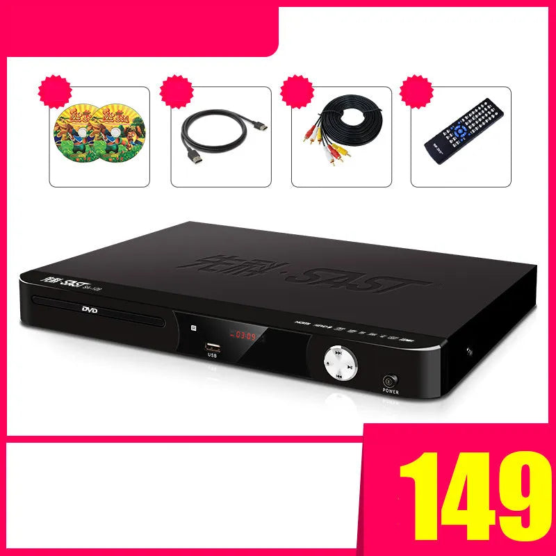 SAST Xianke SA208 tray-loading DVD player in multiple colours with USB and HDMI ports.