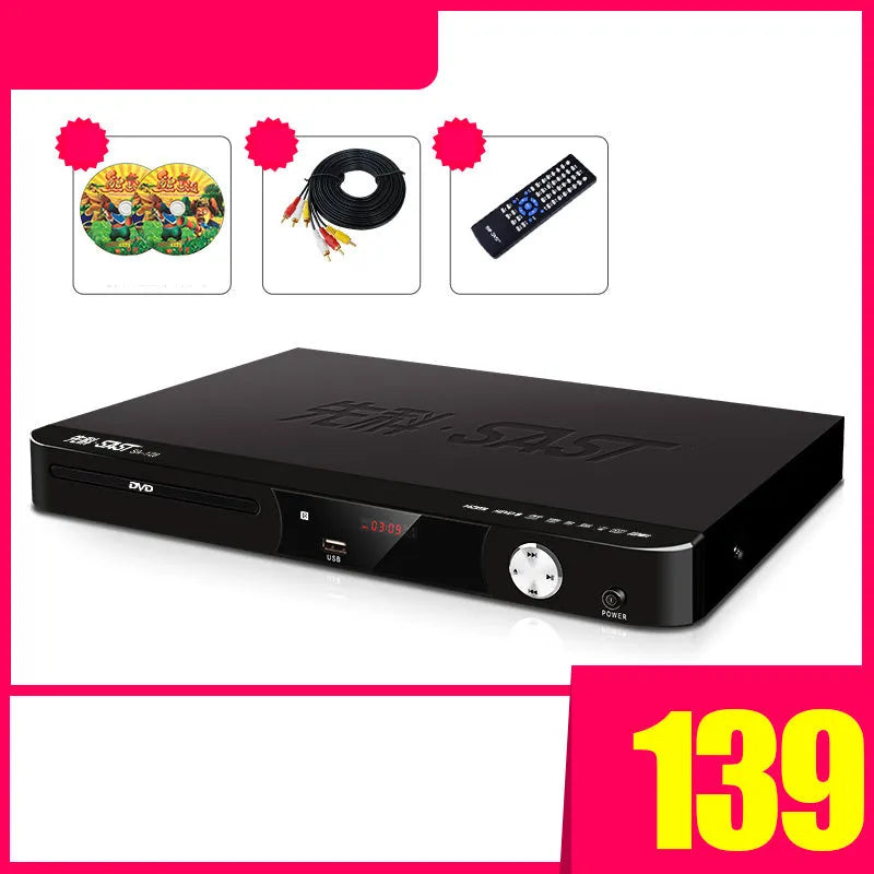 SAST Xianke SA208 tray-loading DVD player in multiple colours with USB and HDMI ports.
