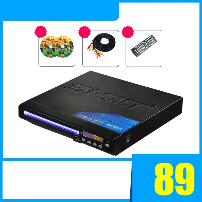 SAST Xianke SA208 tray-loading DVD player in multiple colours with USB and HDMI ports.