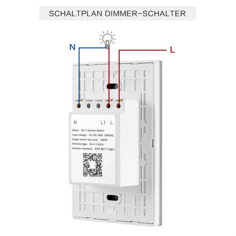 Black or white smart wifi touch dimmer switch with tempered glass panel for wall mounting.