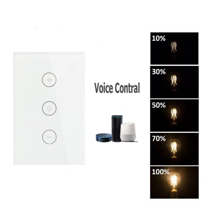 Black or white smart wifi touch dimmer switch with tempered glass panel for wall mounting.