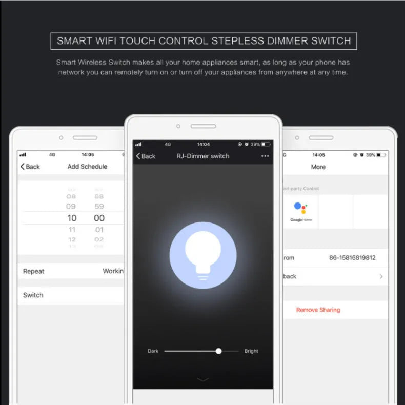Black or white smart wifi touch dimmer switch with tempered glass panel for wall mounting.