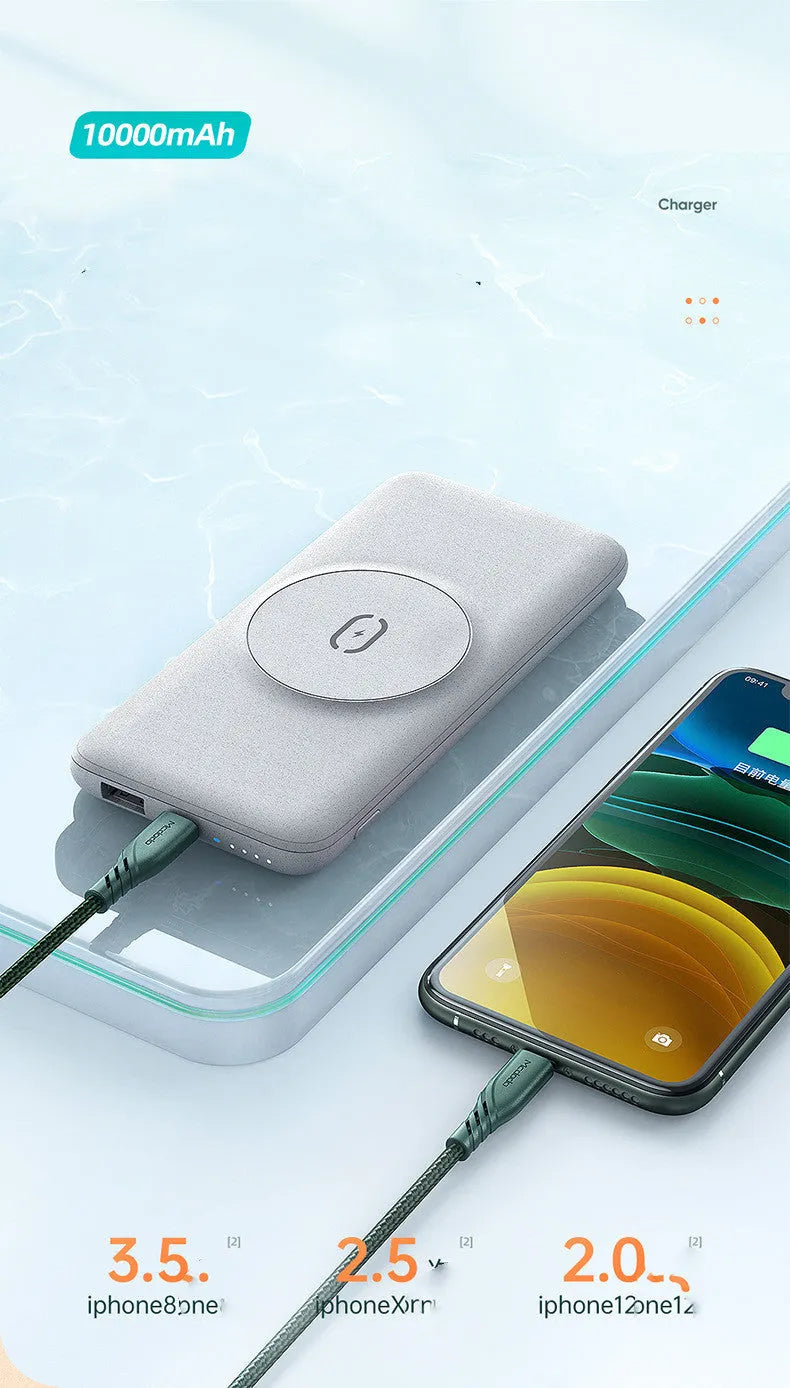 Maiduo mint green Magsafe power bank magnetically attached to an iPhone, showing its slim clip-on design.