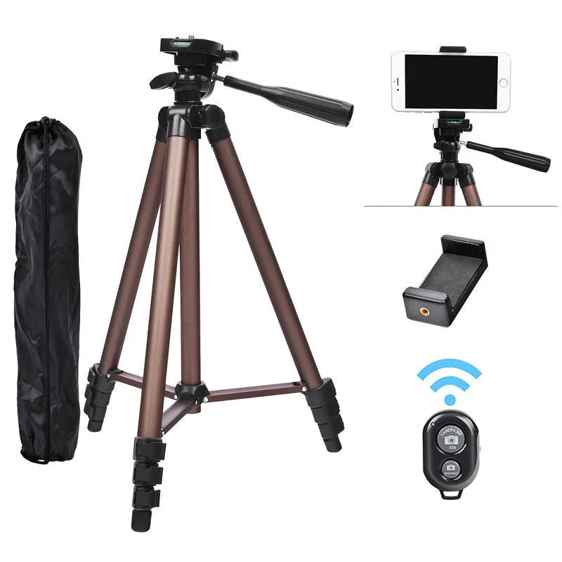 Black aluminium hydraulic camera tripod extended to 1.3m with phone holder and Bluetooth remote