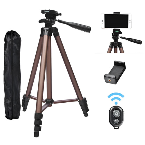 Black aluminium hydraulic camera tripod extended to 1.3m with phone holder and Bluetooth remote