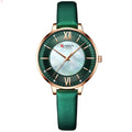 Ladies quartz watch with genuine leather belt, 35mm round dial, rose shell case, and titanium buckle