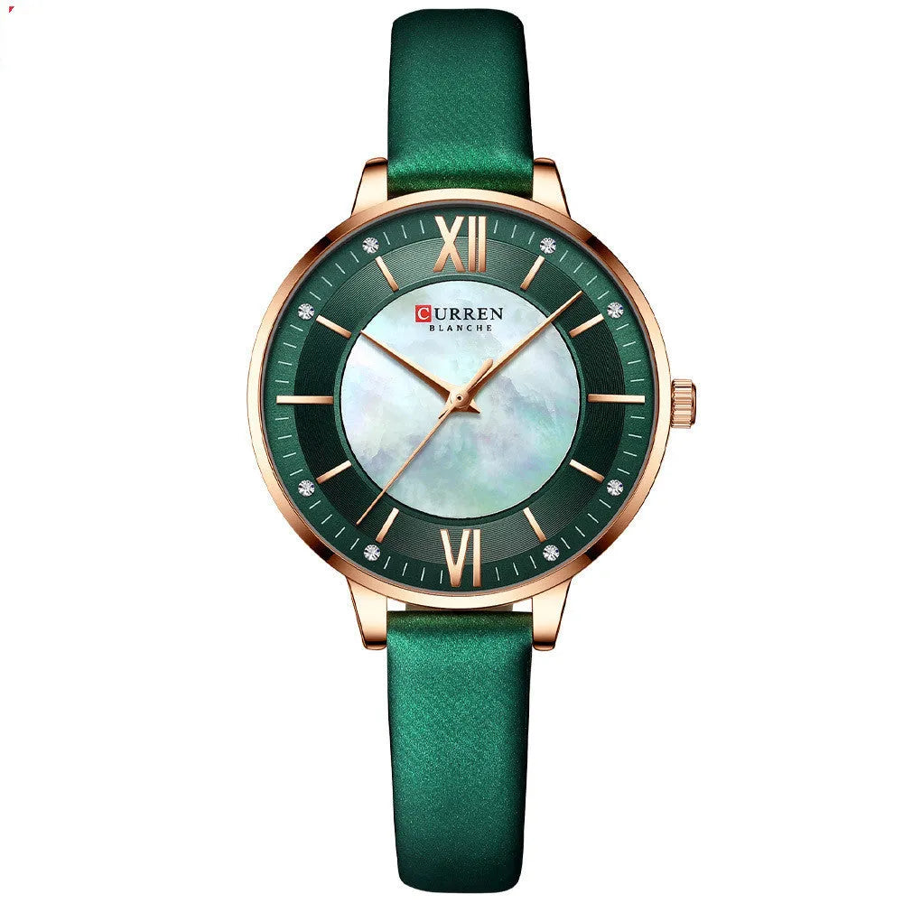 Ladies quartz watch with genuine leather belt, 35mm round dial, rose shell case, and titanium buckle