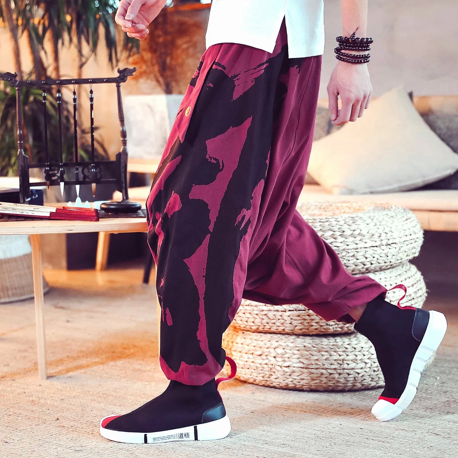 Men's loose fit cotton linen cropped pants with printed ankle cuffs in black, Asian size M to 4XL