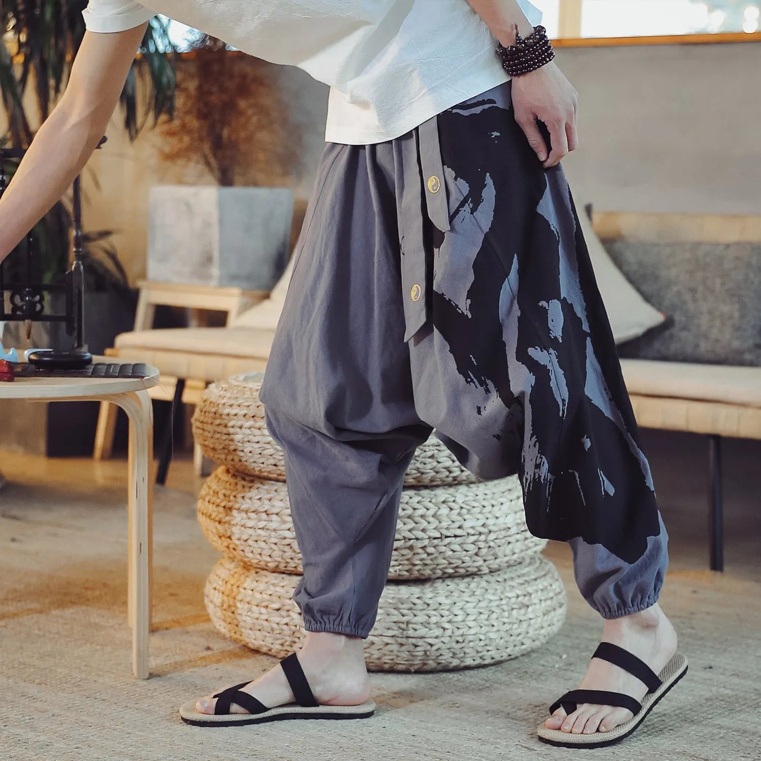 Men's loose fit cotton linen cropped pants with printed ankle cuffs in black, Asian size M to 4XL